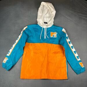 MTV Logo Hooded Windbreaker Jacket Quarter Zip Music Television Color Block Tape